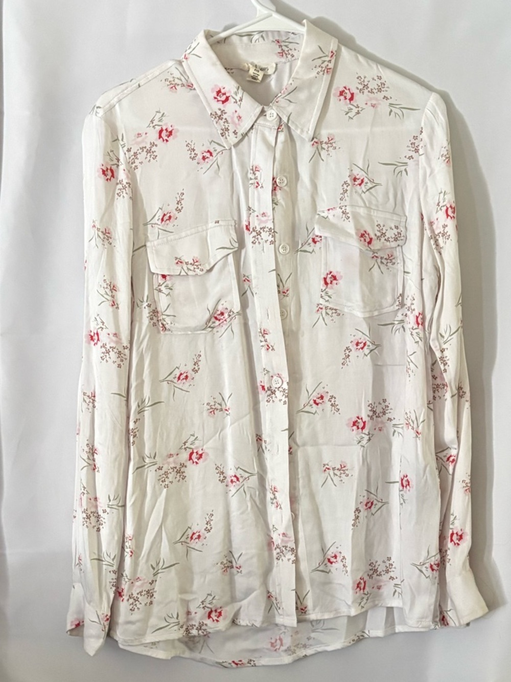 Women's White Button-Down Shirt with Pink Floral Print